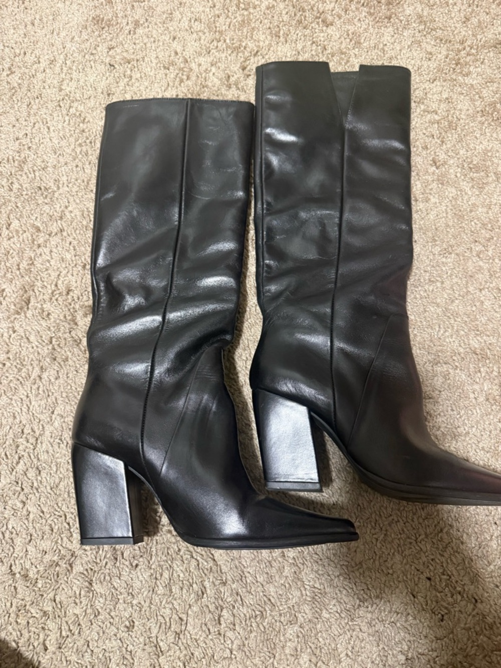 Zara Black Leather Knee-High Block Heel Boots